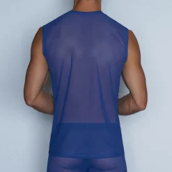 SHEER Sheer*Sleeveless Crew Neck T-Shirt Bari Blue